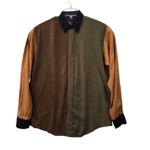 Vintage 90s Minimal Colorblock Rayon Shirt Androgynous Button Up Size S